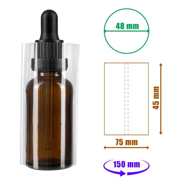 Transparente Schrumpffolie 45 x 75 mm mit Perforation für Fläschchen und Verpackungen, Durchmesser bis zu 48 mm