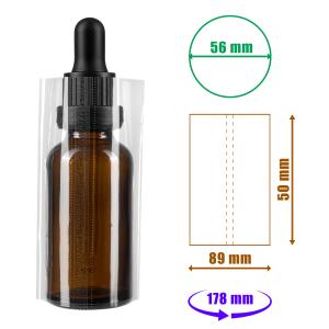 Transparente Schrumpffolie 50x89mm mit Perforation für Flaschen und Verpackungen, Durchmesser bis 56mm