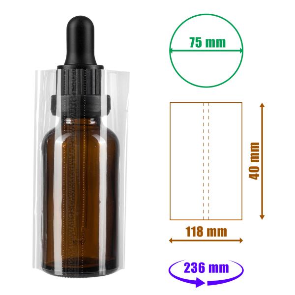 Transparente Schrumpffolie 40x118mm mit Perforation für Flaschen und Verpackungen, Durchmesser bis 75mm