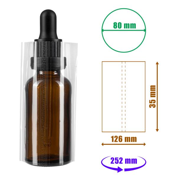 Transparente Schrumpffolie 35x126mm mit Perforation für Flaschen und Verpackungen, Durchmesser bis 80mm