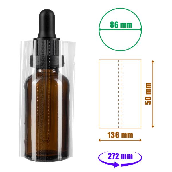 Transparente Schrumpffolie 50x136mm mit Perforation für Flaschen und Verpackungen, Durchmesser bis 86mm