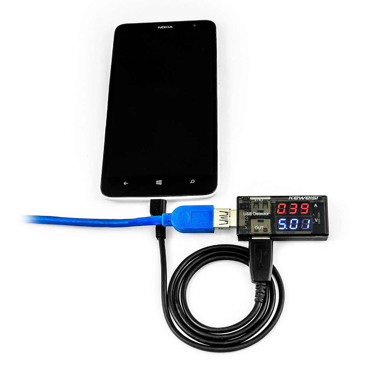 USB-Tester zur Messung von Spannung und Stromstärke von USB-Anschlüssen und Verlusten im USB-Kabel